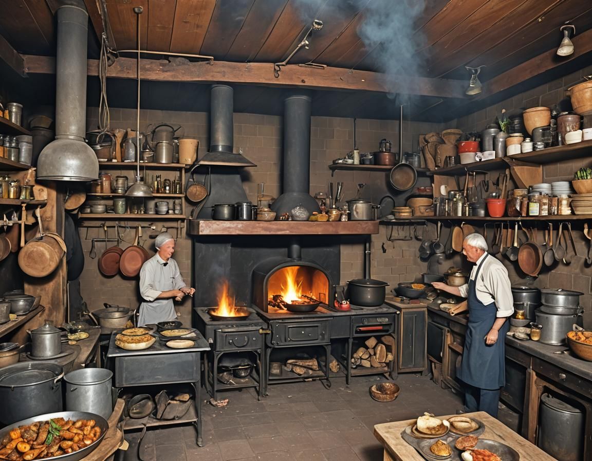 Busy Restaurant Kitchen with Chefs Cooking