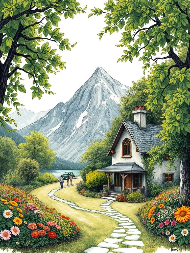 Serene Cottage Scene in Vibrant Post-Impressionist Style