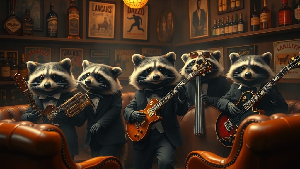 Raccoon Jazz Band in Smoky Bar, Hyperrealistic