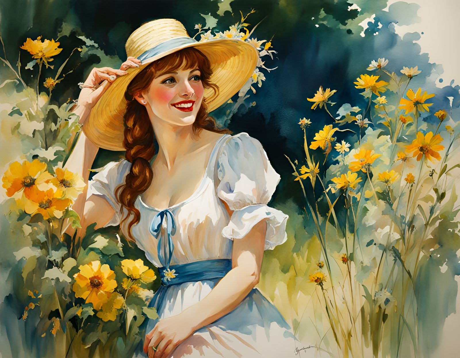 Smiling Woman in Summer Dress, Watercolor Folk Art