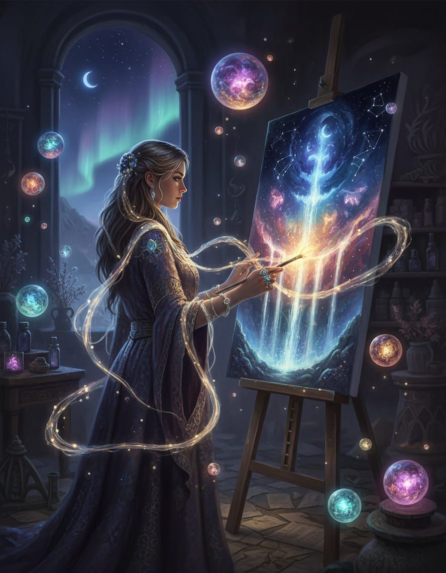 Magical Painter Creates Glowing Artwork Realistic Style