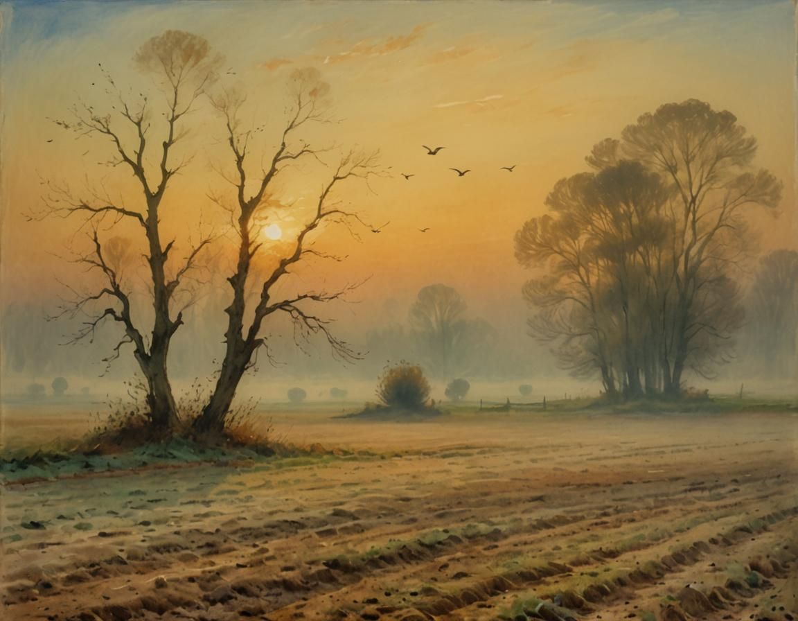 Impressionist Watercolor Landscape of Foggy Field