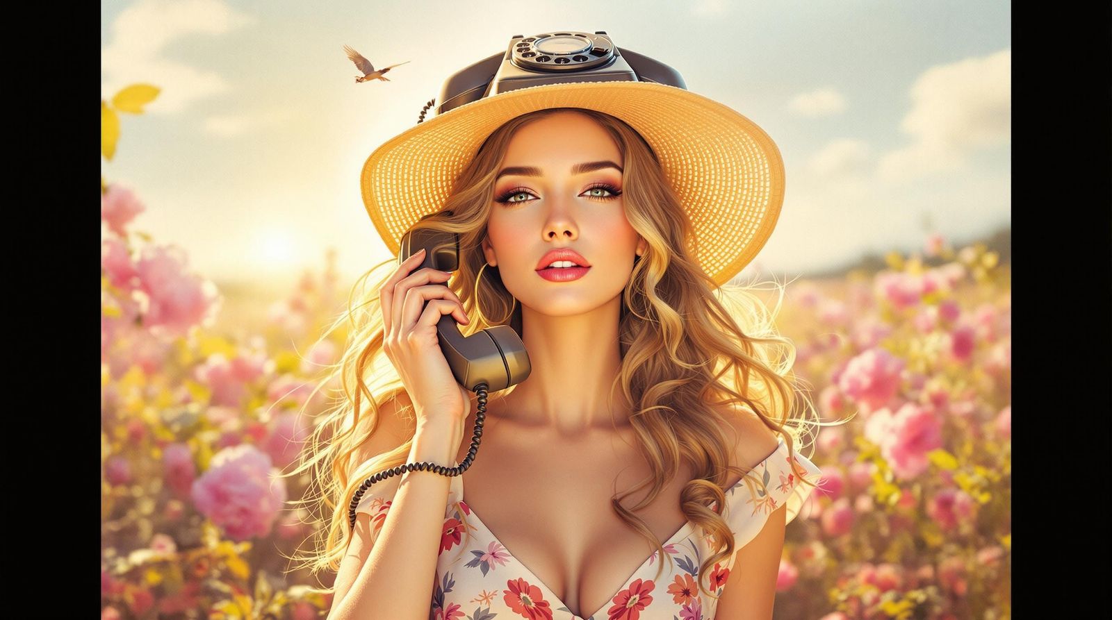Glamorous Woman Wears Vintage Telephone as Fascinator in Sun...
