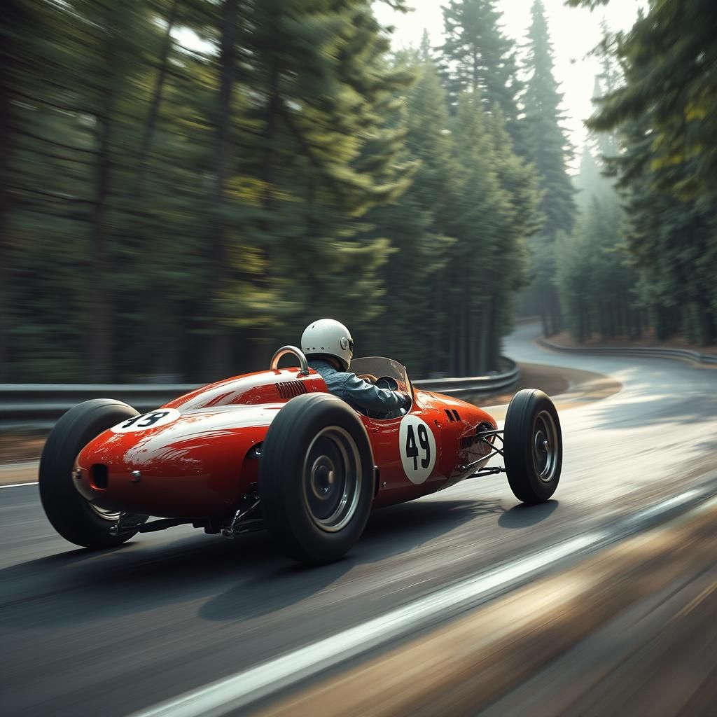 Vintage Formula One Car in Dystopian Forest