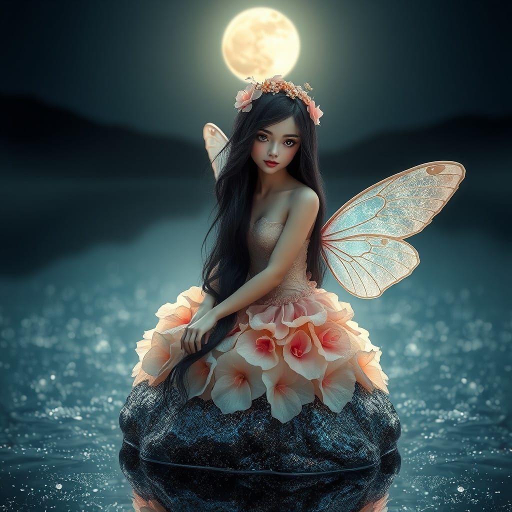 Surreal Fairy Goddess in Petal Dress Shines under Crescent M...