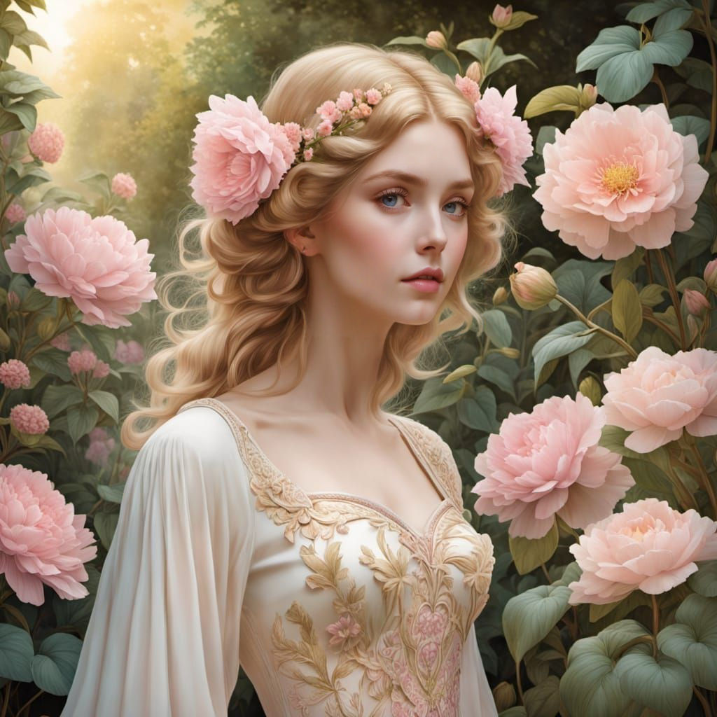 Woman with Heart in Luminous Fantasy Garden