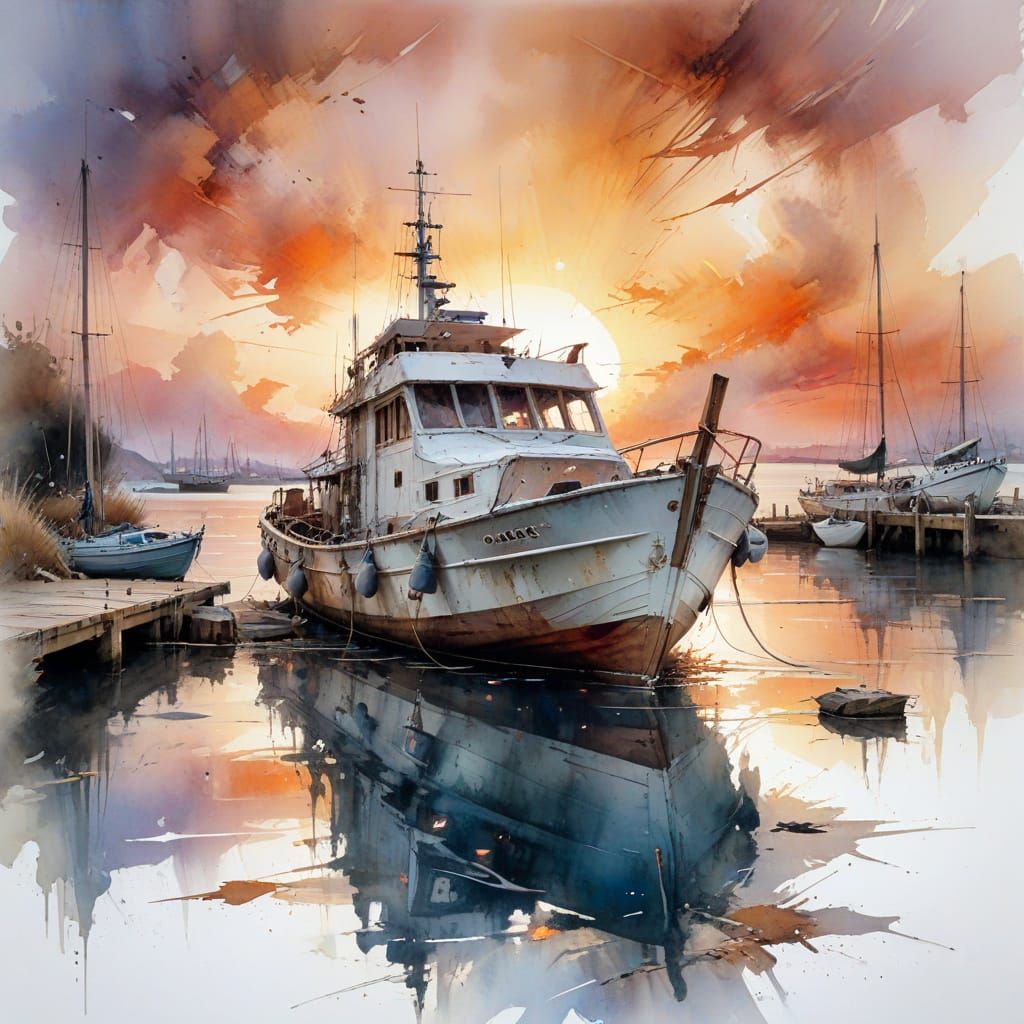 Ethereal Sunset Scene with Watercolour Boat