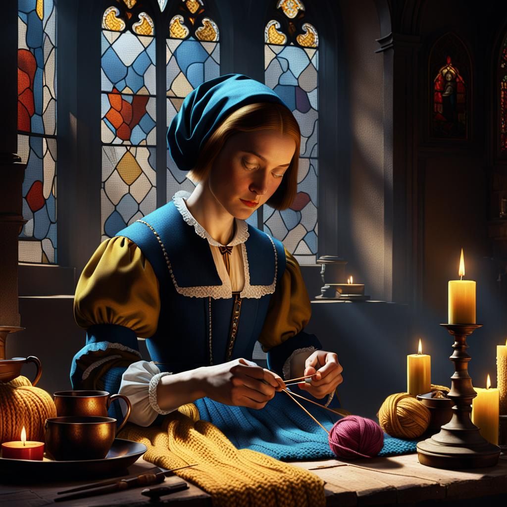 Girl Knitting by Candlelight, Vermeer Style