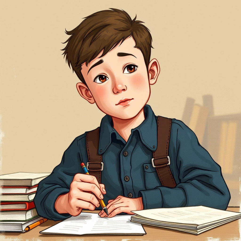 Boy Studying at Desk, Children's Book Illustration