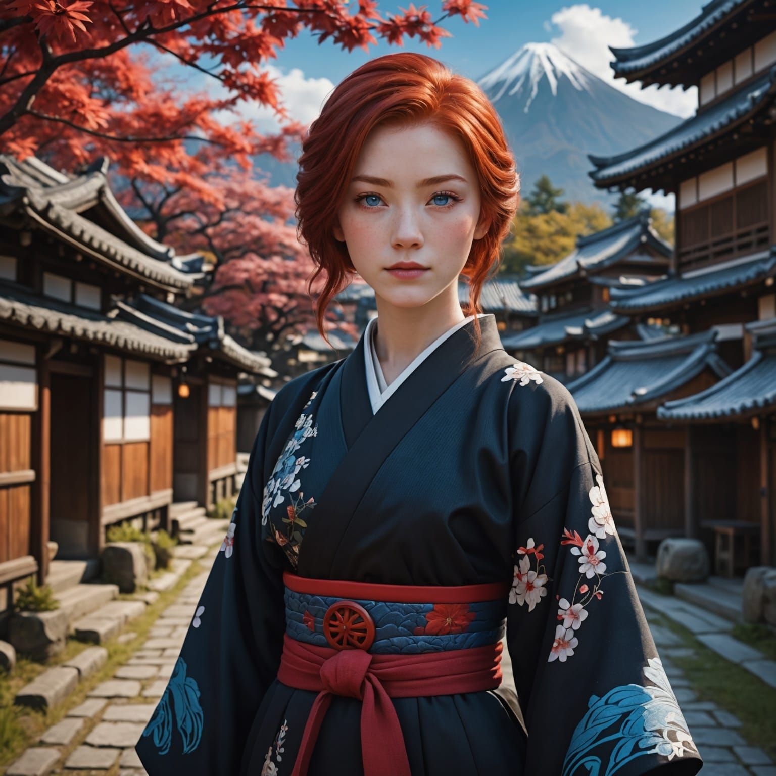 Woman in Kimono in Japanese Village