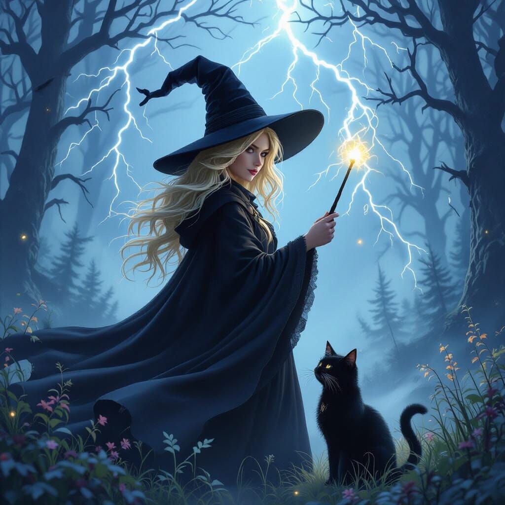 Blonde Witch in Mystical Forest at Night