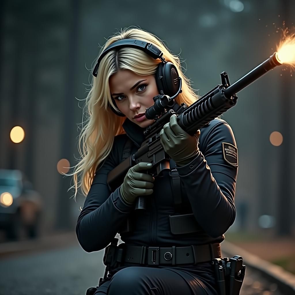 Female Sniper in Tactical Gear at Night