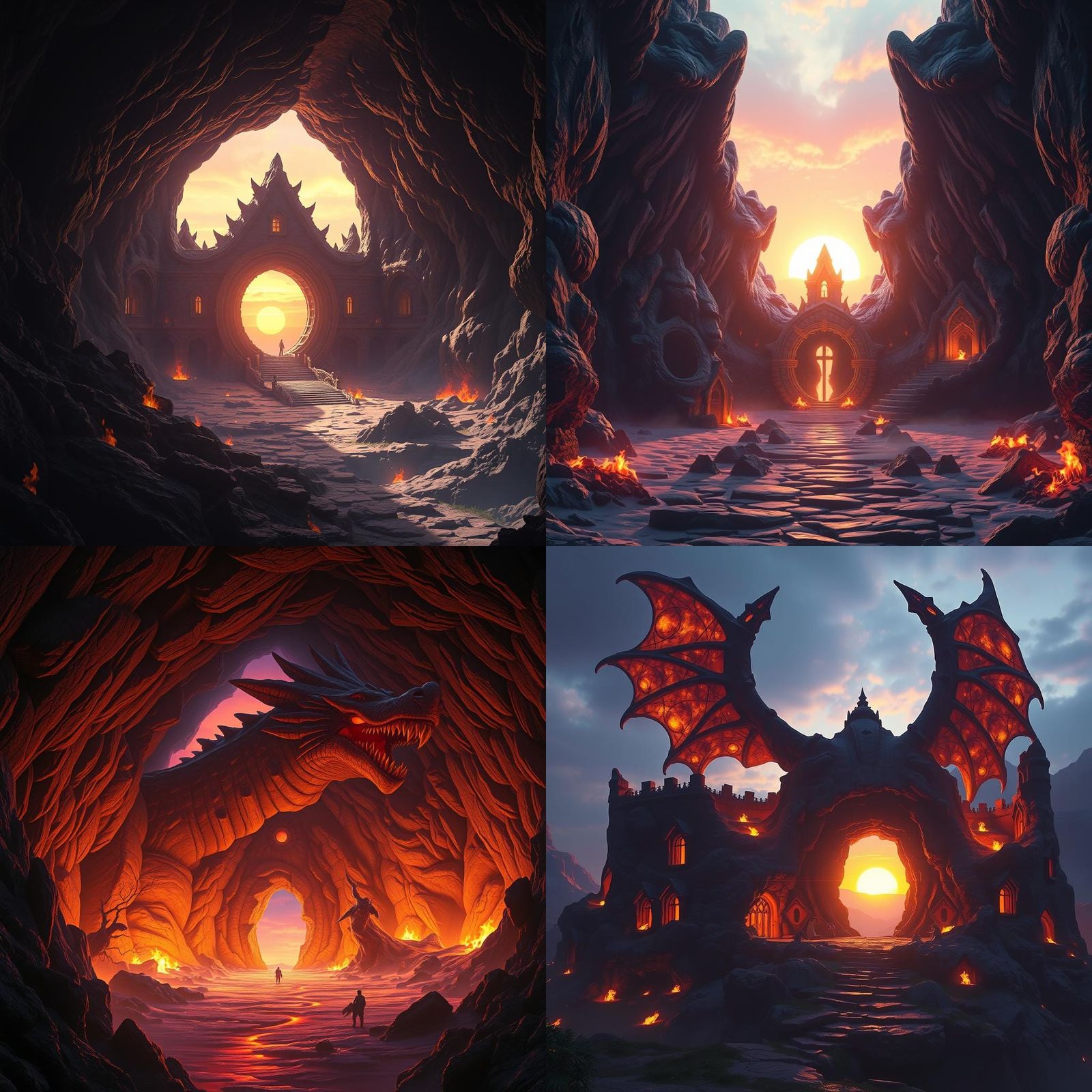 Dragon Cave House with Sunset, Dark Fantasy Art