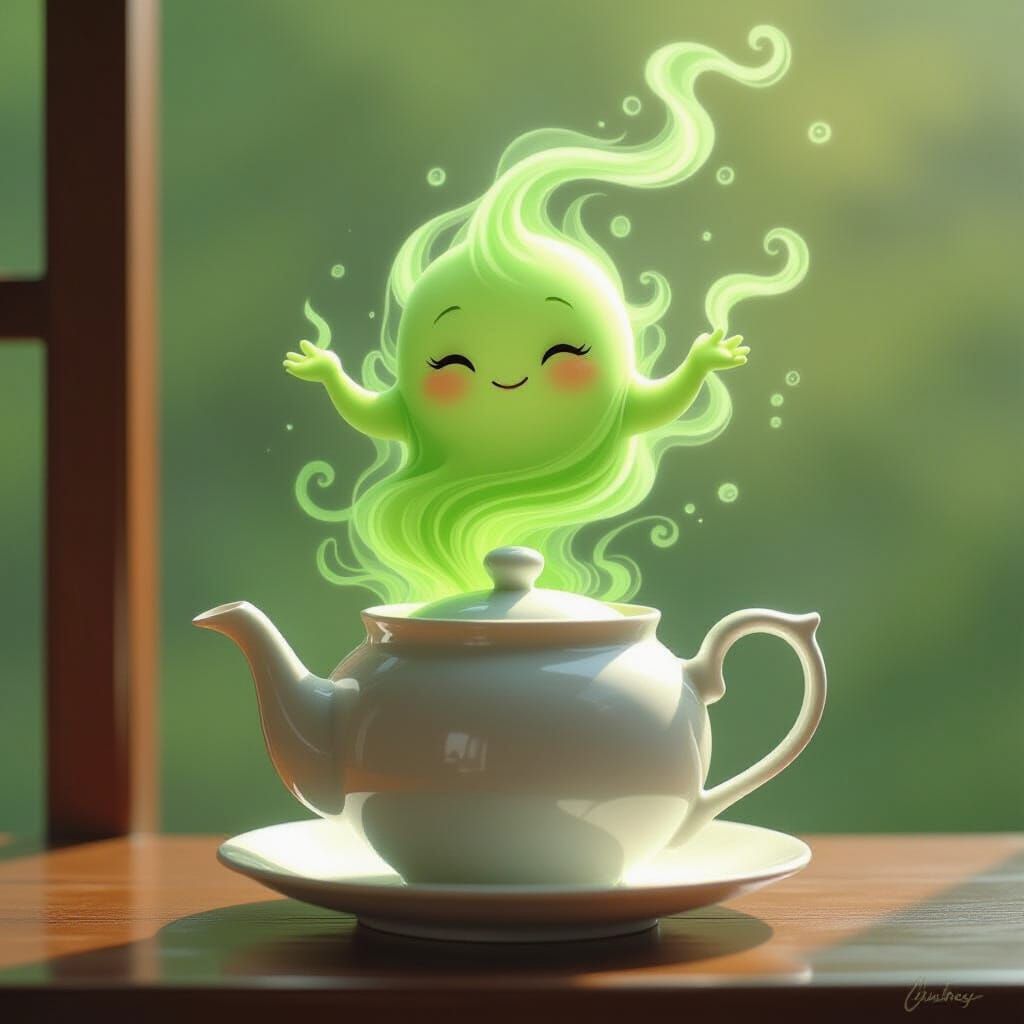 Ethereal Green Tea Spirit Emerges From White Teapot