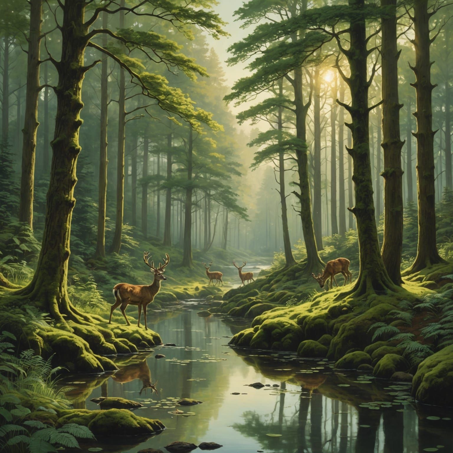 Tranquil Forest Scene with Deer in Impressionist Style