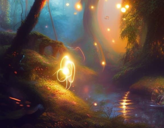 Enchanted Rainforest with Fireflies, Hyperdetailed Concept A...