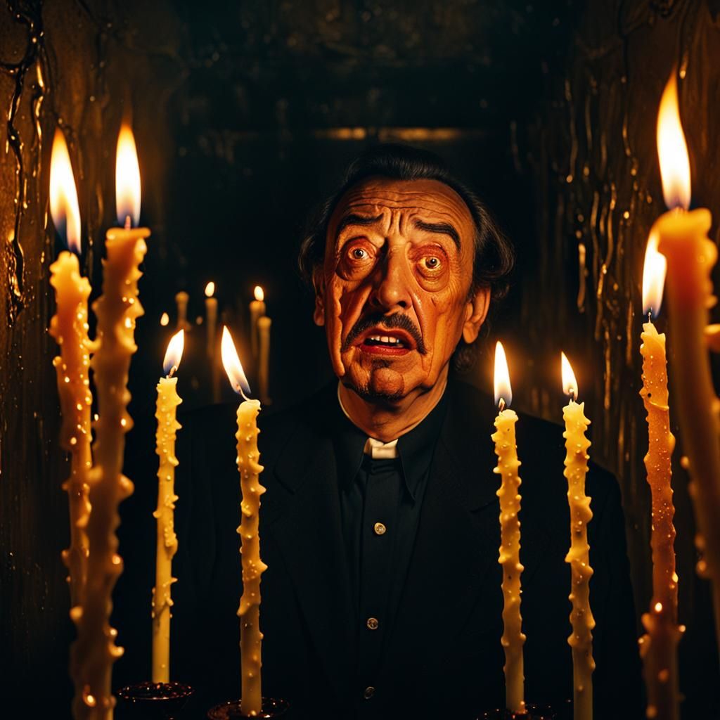 Surreal Oil Painting of Tormented Figure in Candlelit Darkne...
