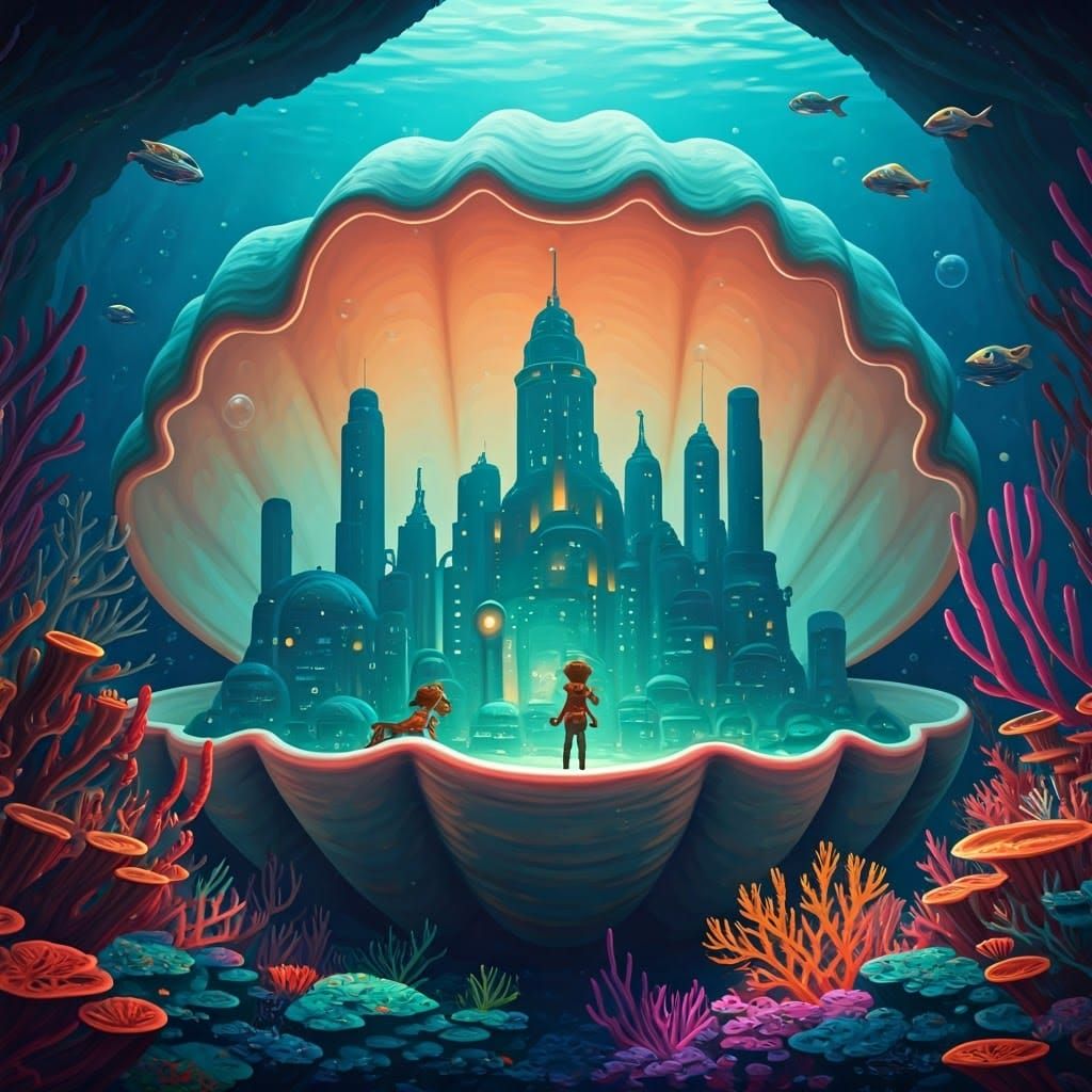 Underwater City in Clam Shell: Disney-Pixar Cartoon