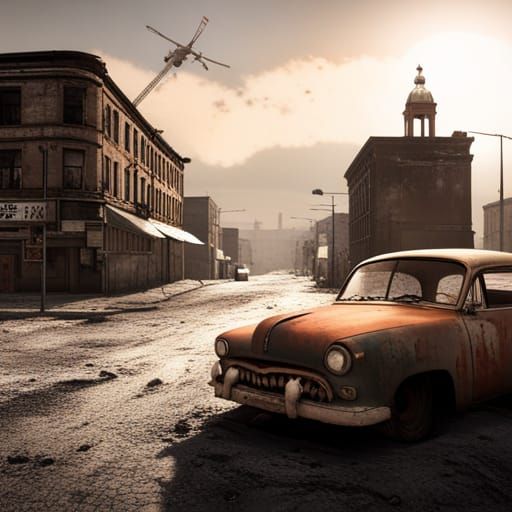 A devastated post-apocalypse Russian city with burned-out ca...