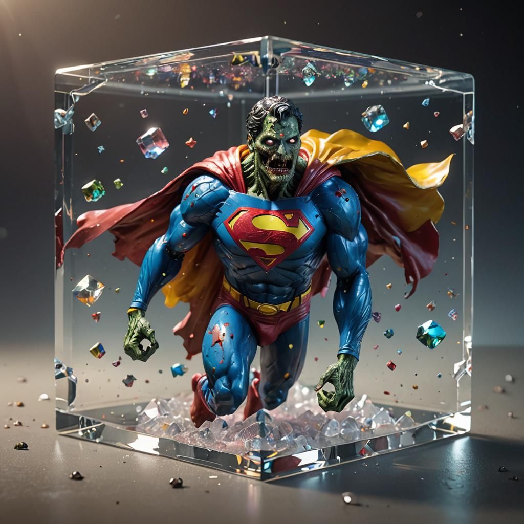 Zombie Superman in Glass Cube: Hyperrealistic 3D Render