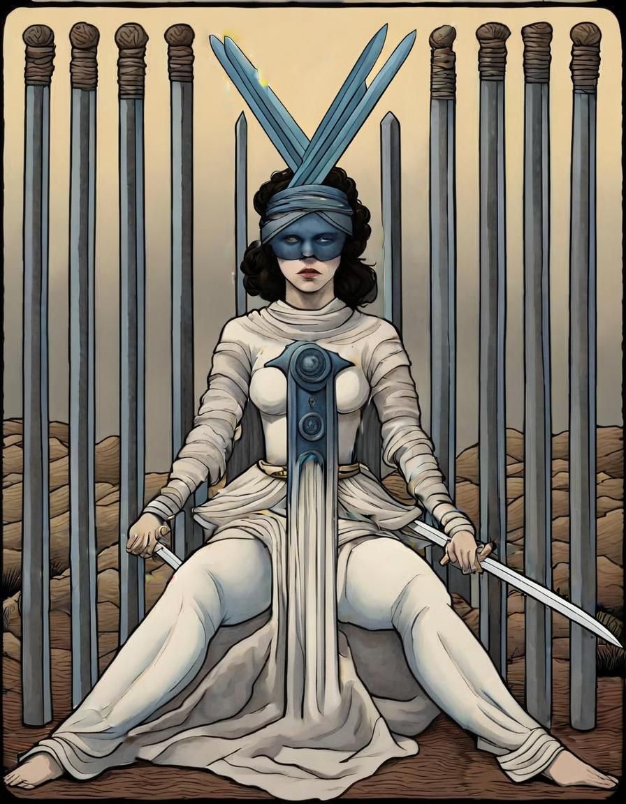 A tarot card in the style of Fantastic Planet: The Eight of Swords: woman bound and blindfolded. Eight swords surround h...