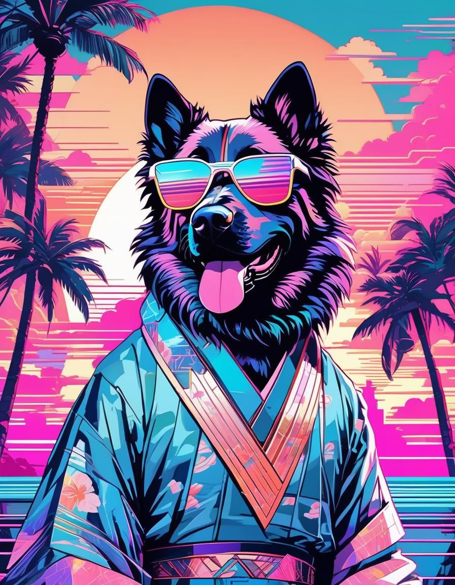 Pixel Art Dog with Sunglasses in Vaporwave Style