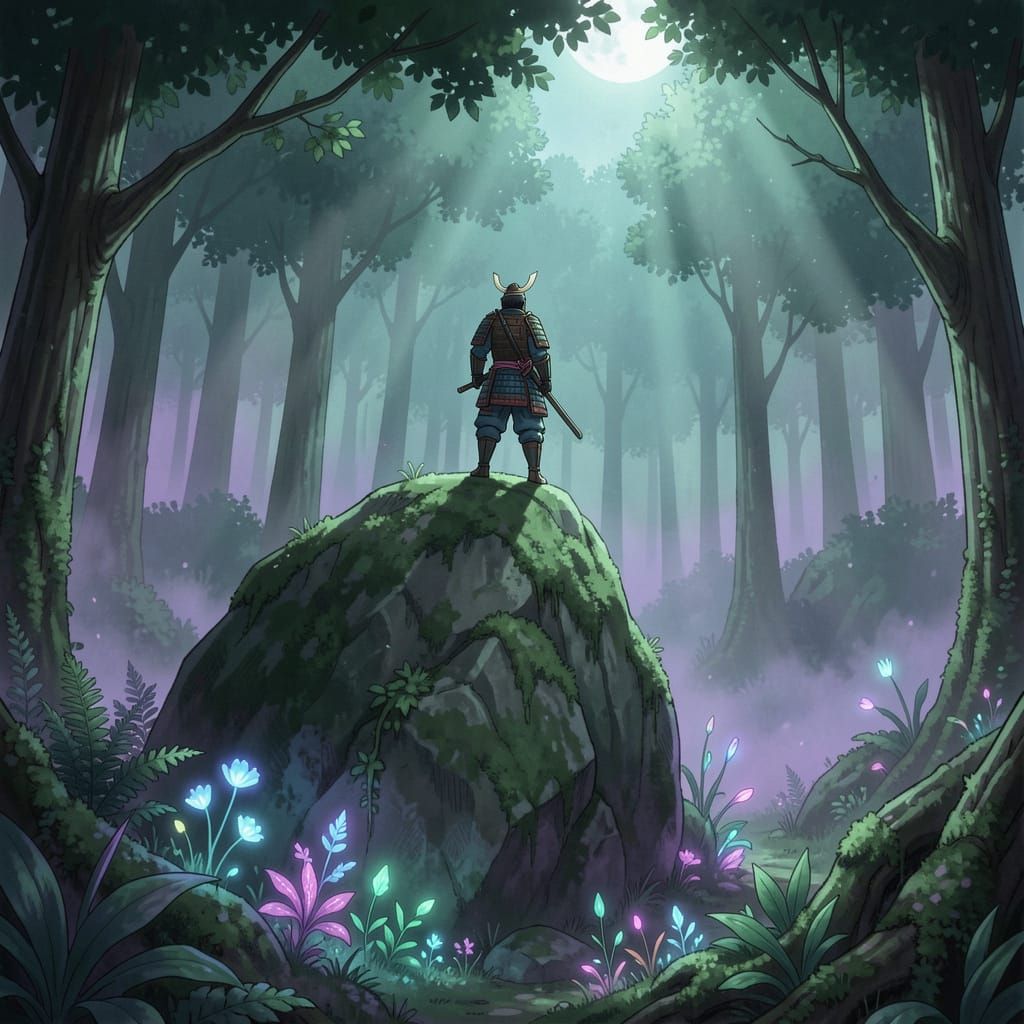 Samurai Gazing Over Misty Forest at Night
