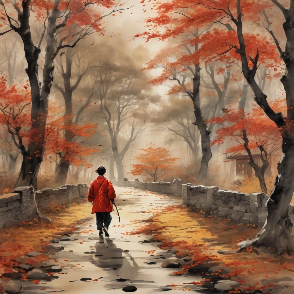Boy in Chinese Ink Art Autumn Scene