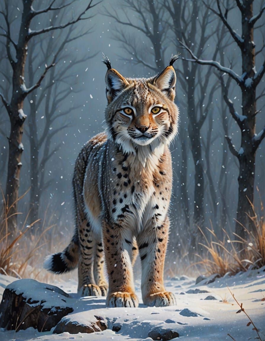 Lynx cub in a winter forest