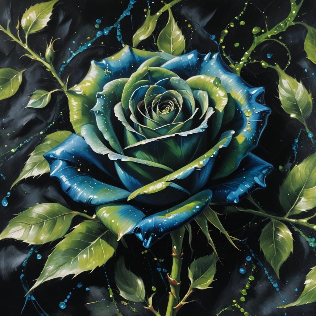Blue Rose with Green Sparkles: Surrealist Oil Painting