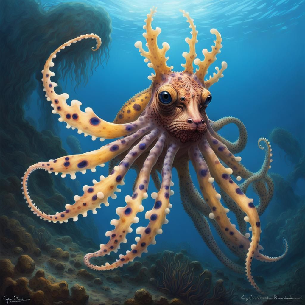 Blue-Ringed Octopus and Lionfish Hybrid in Dark Style