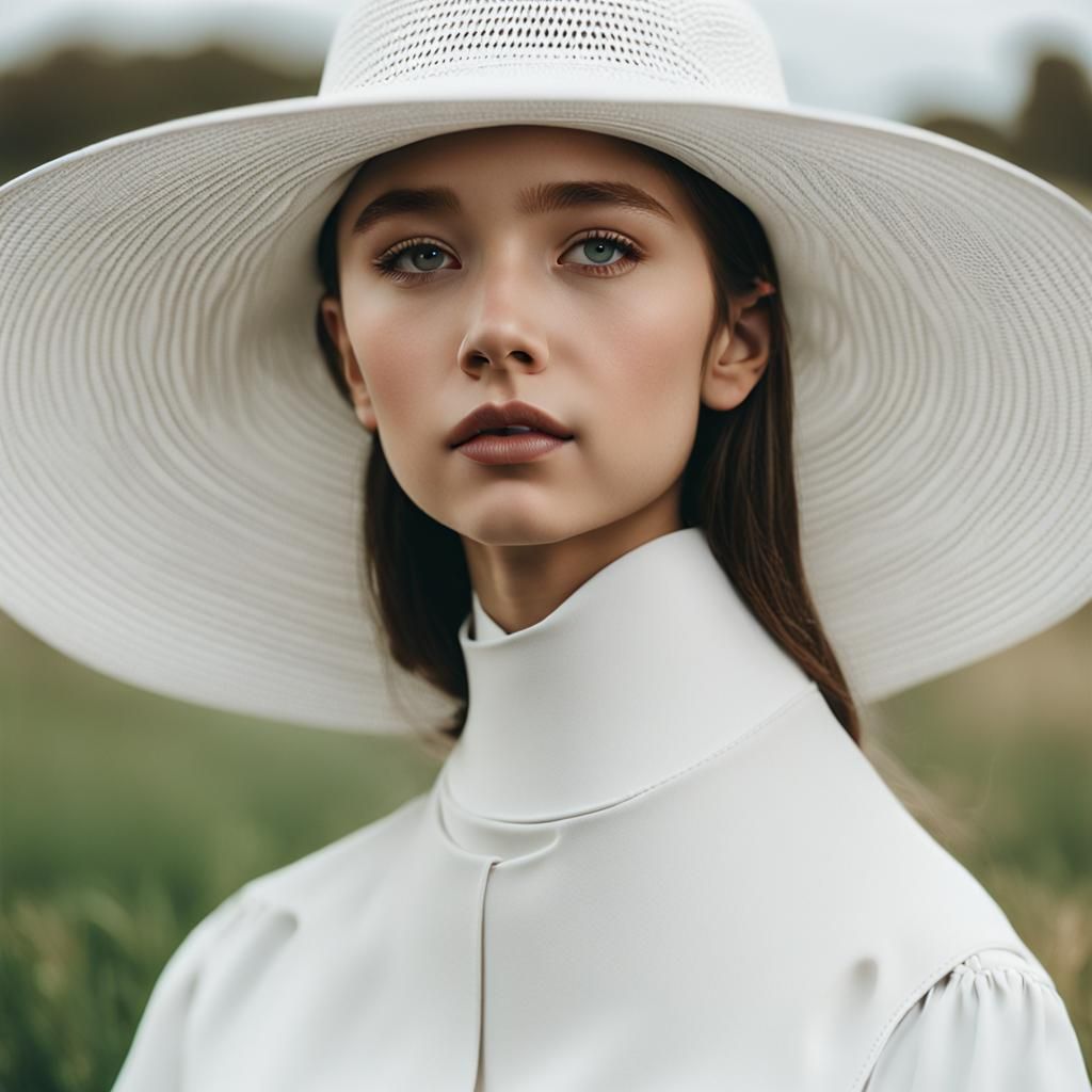 Girl in White Hat with Wide Brim