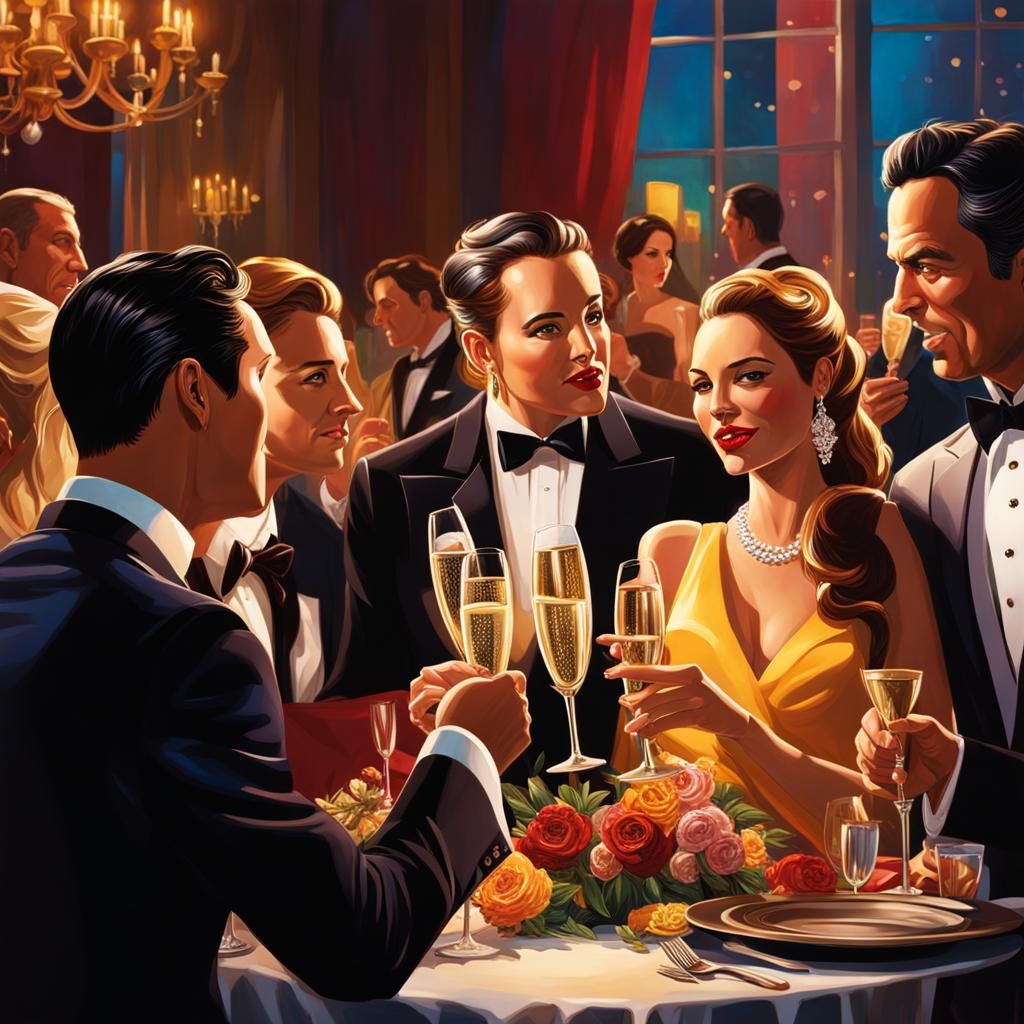 Wealthy People at Dinner Party: Hyperrealistic Splash Art