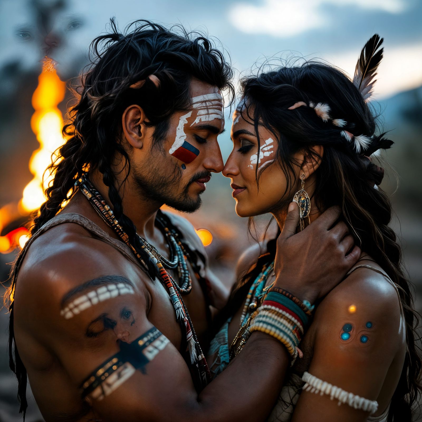 Tribal Lovers Embrace in Firelight Portrait