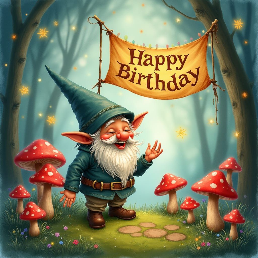 Whimsical Gnome Birthday Card in Watercolor Style
