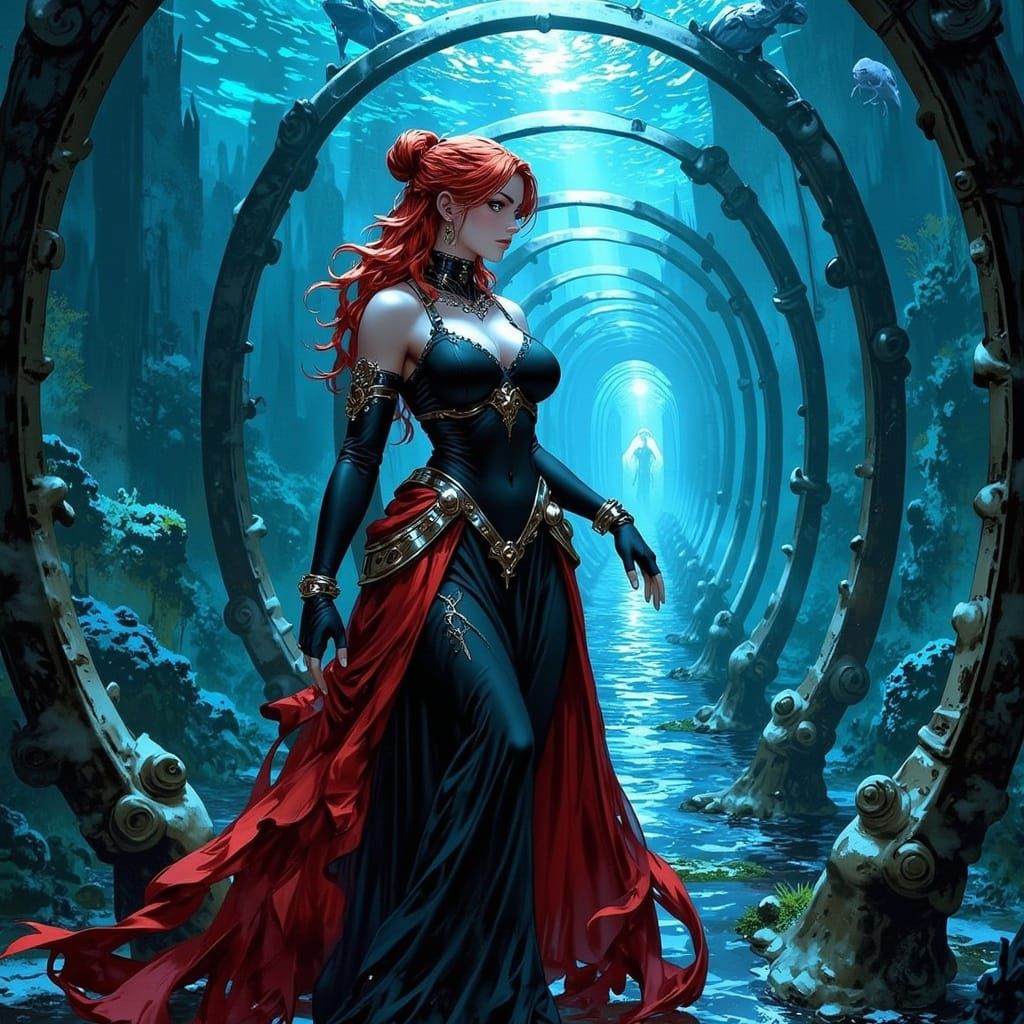 Victorian Woman in Underwater Gothic City