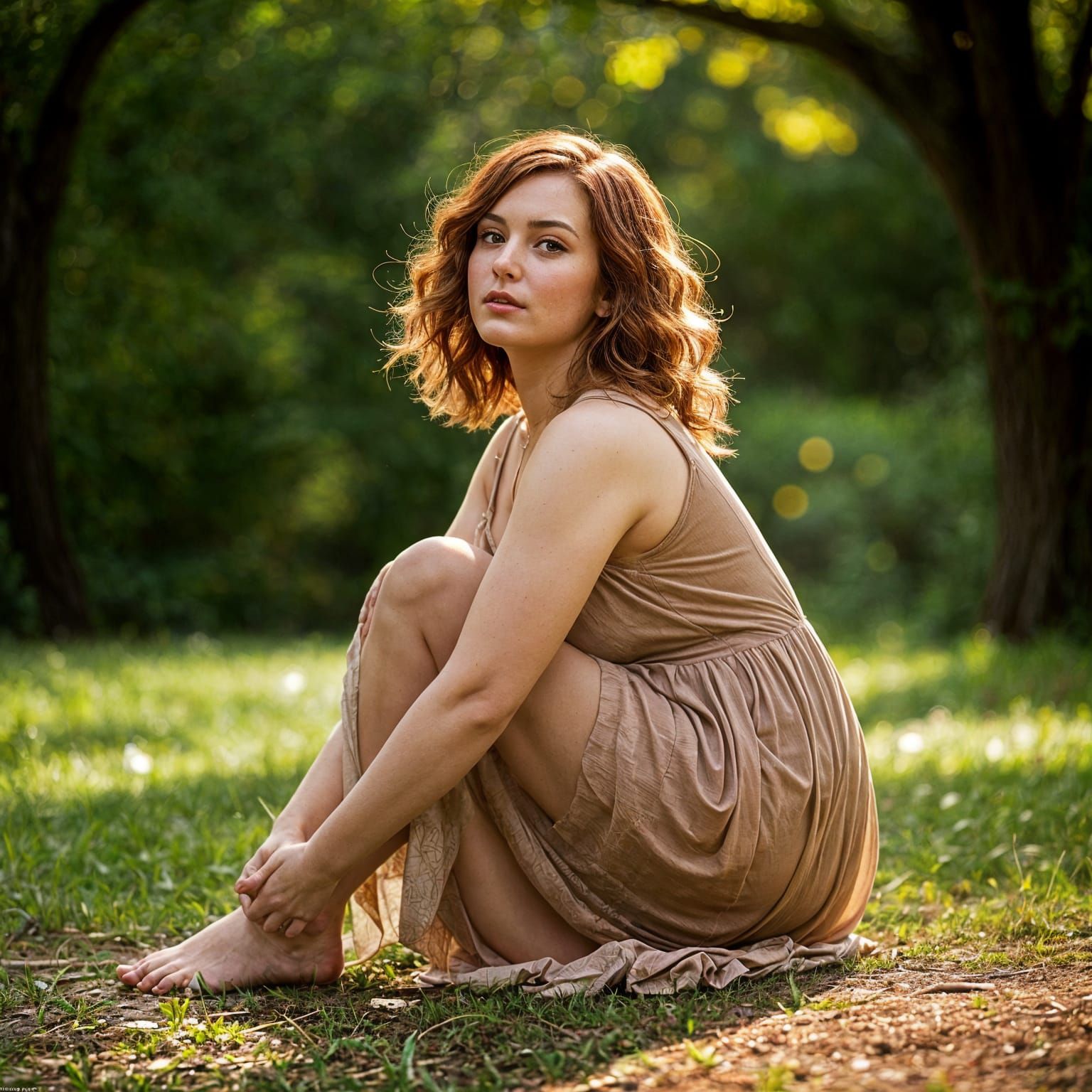 Realistic Auburn-Haired Woman in Revealing Dress