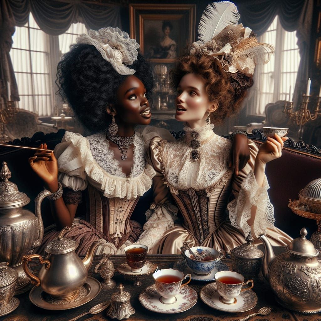 Elegant Ladies Share Gossip in Victorian Tea Parlor