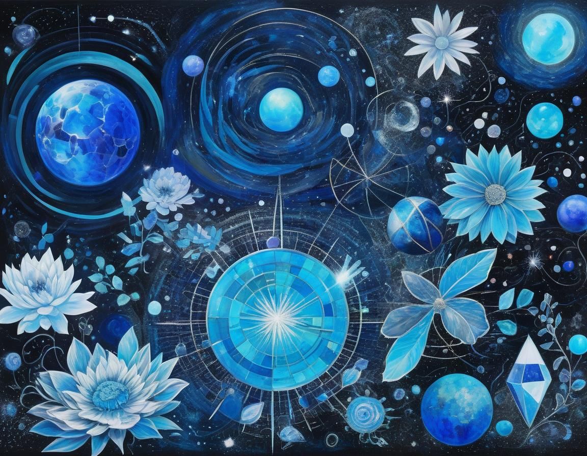 Glimmering Blue Space Party: Surreal Abstract Floral Art