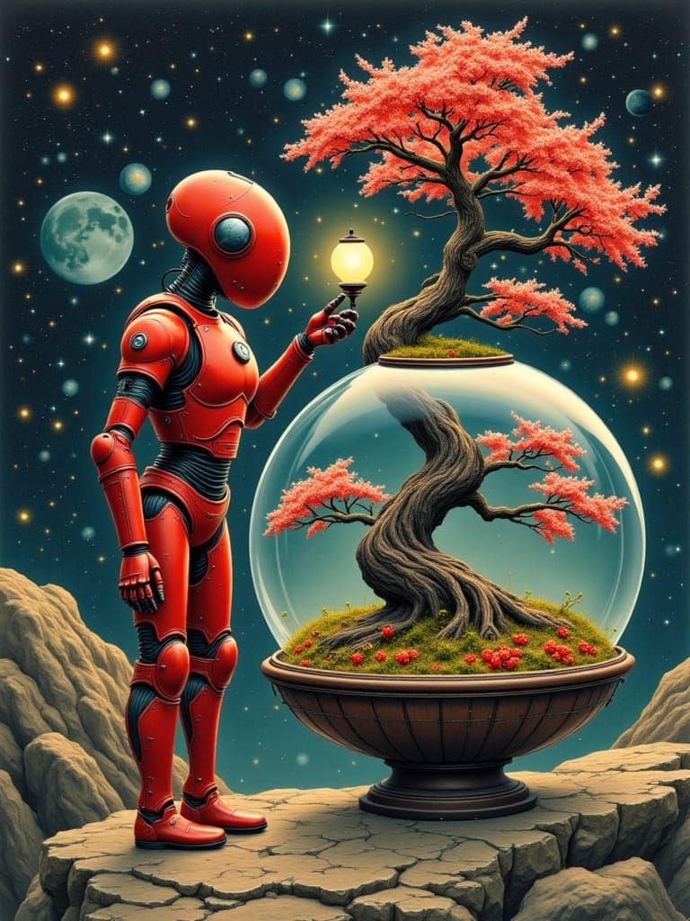 <lora:Within:1.0> <lora:Bethany Klora:1.0> <lora:Vacuum Divas:1.0> <lora:Nebula Flux:1.0>  Tiny red robot in Outer Space...