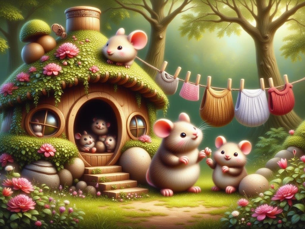 Whimsical Mouse Family in Vibrant Oil Painting