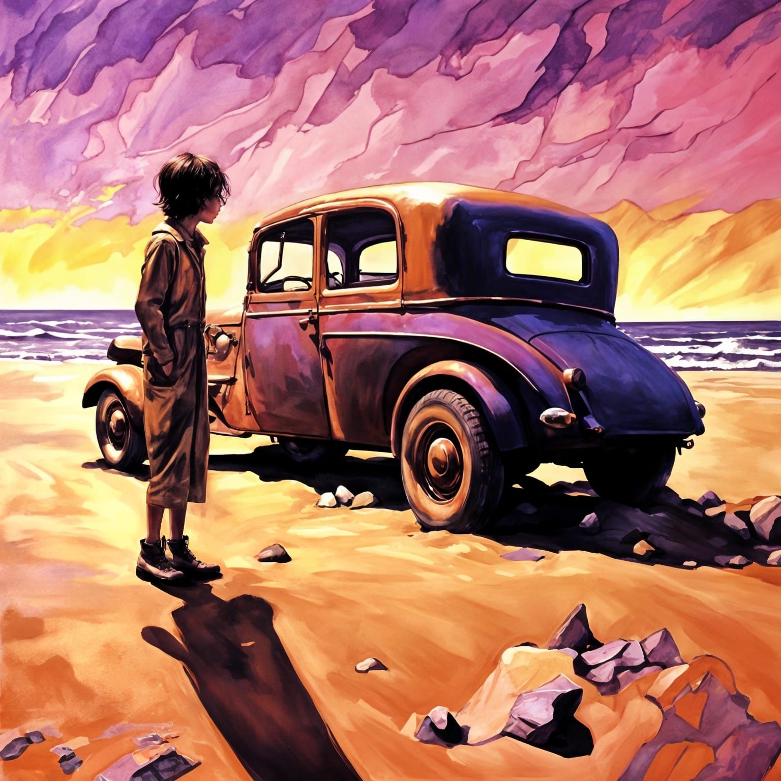 Neon Beach: Illuminated Jalopy at Sunset