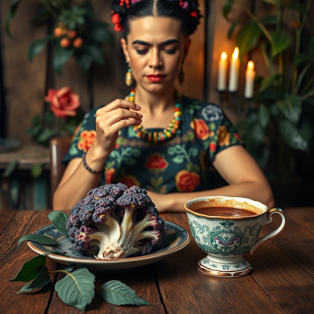 Frida Kahlo Savoring Vibrant Vegetarian Delight in Earthy, S...