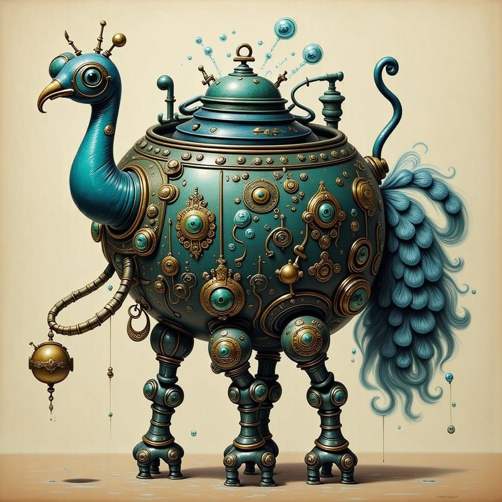 A Steampunk Peacockcore Robot Spreads Its Metallic Tail Feat...