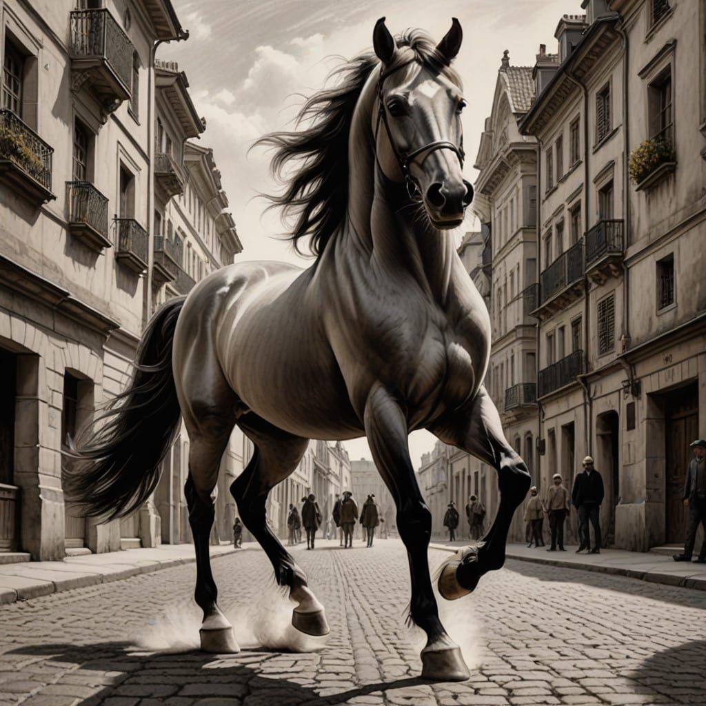 3D Horse Emerging from Sketchbook, Charcoal Style