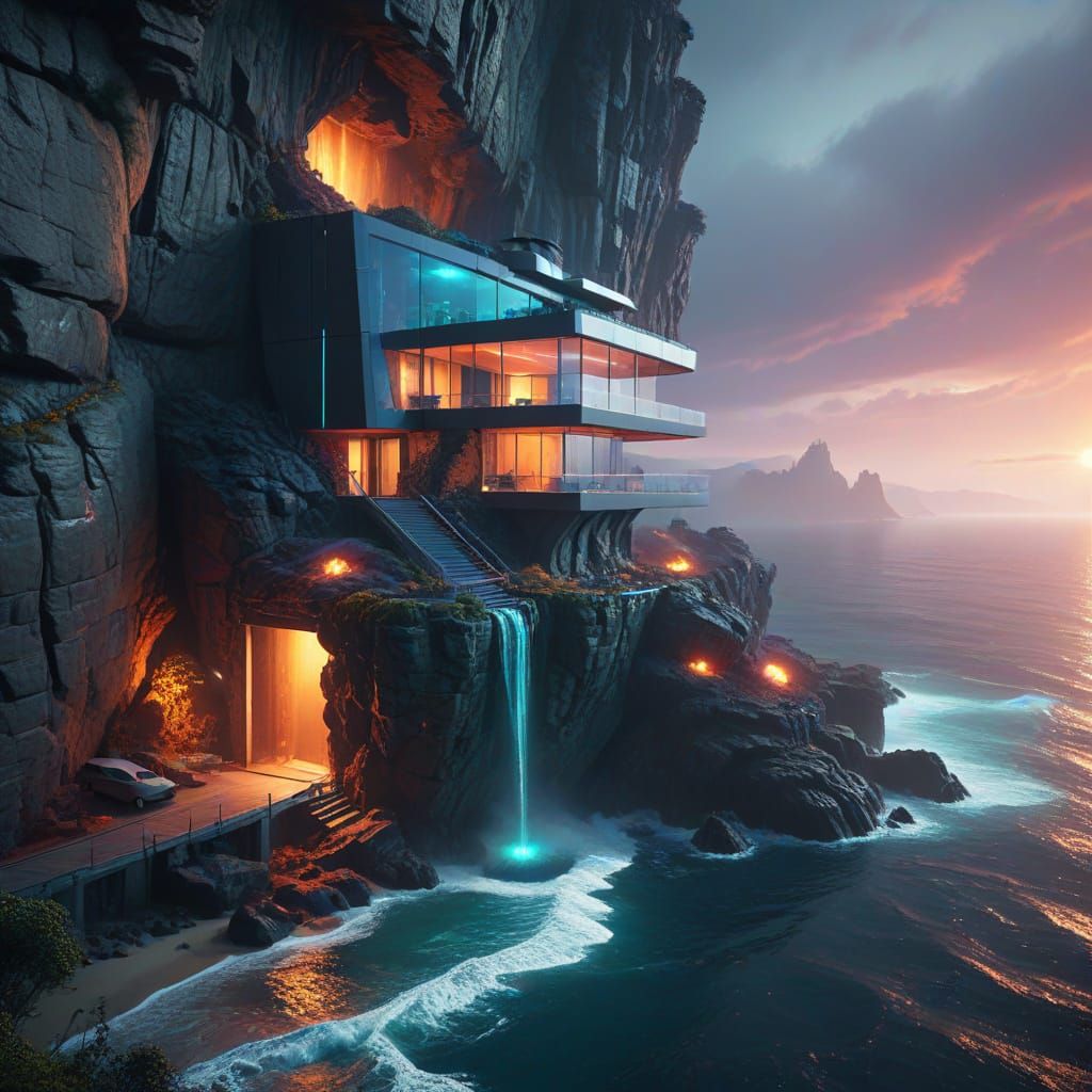Futuristic Cliffside Home in Digital Matte Painting Style