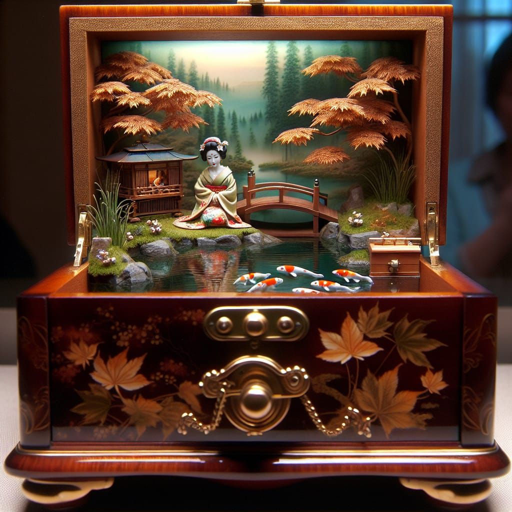 Enchanted miniature Japanese garden inside an ornate music box