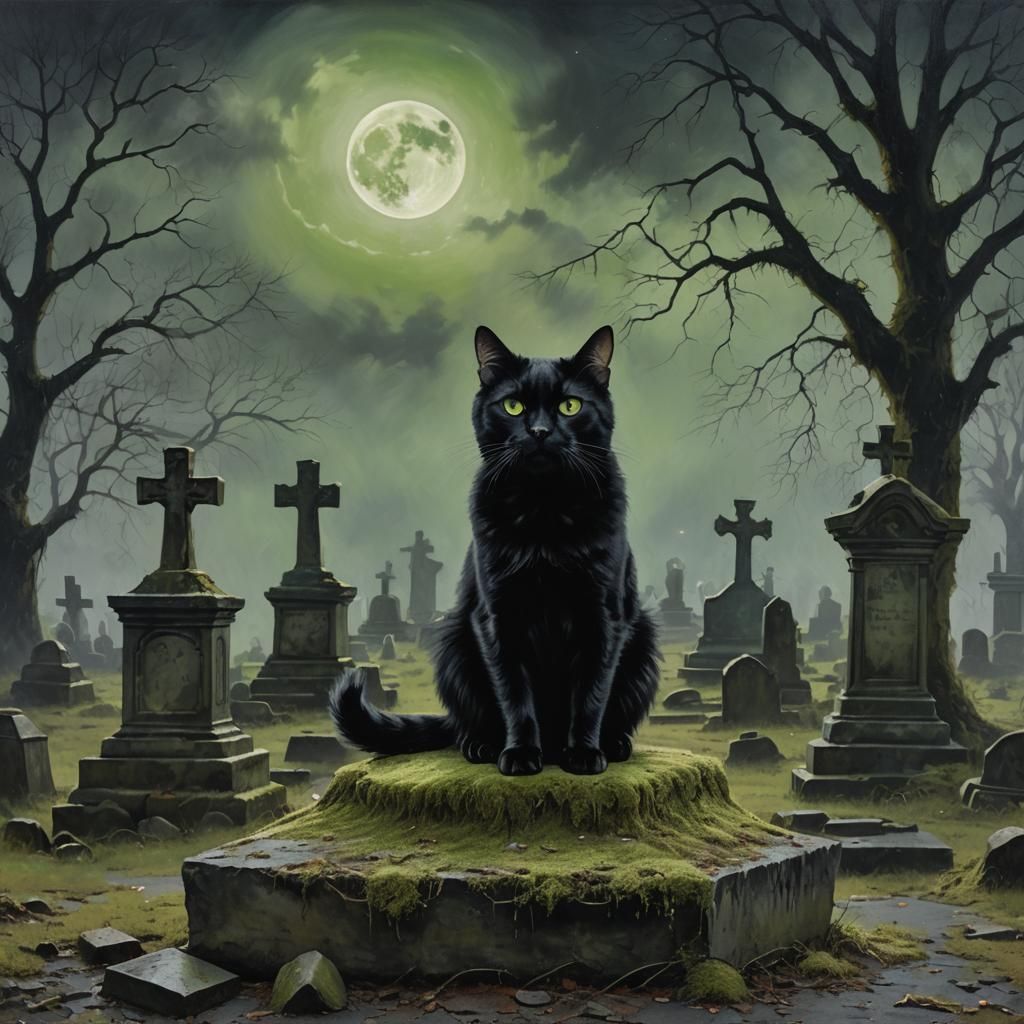 Gothic Black Cat in Misty Cemetery, Impasto Painting