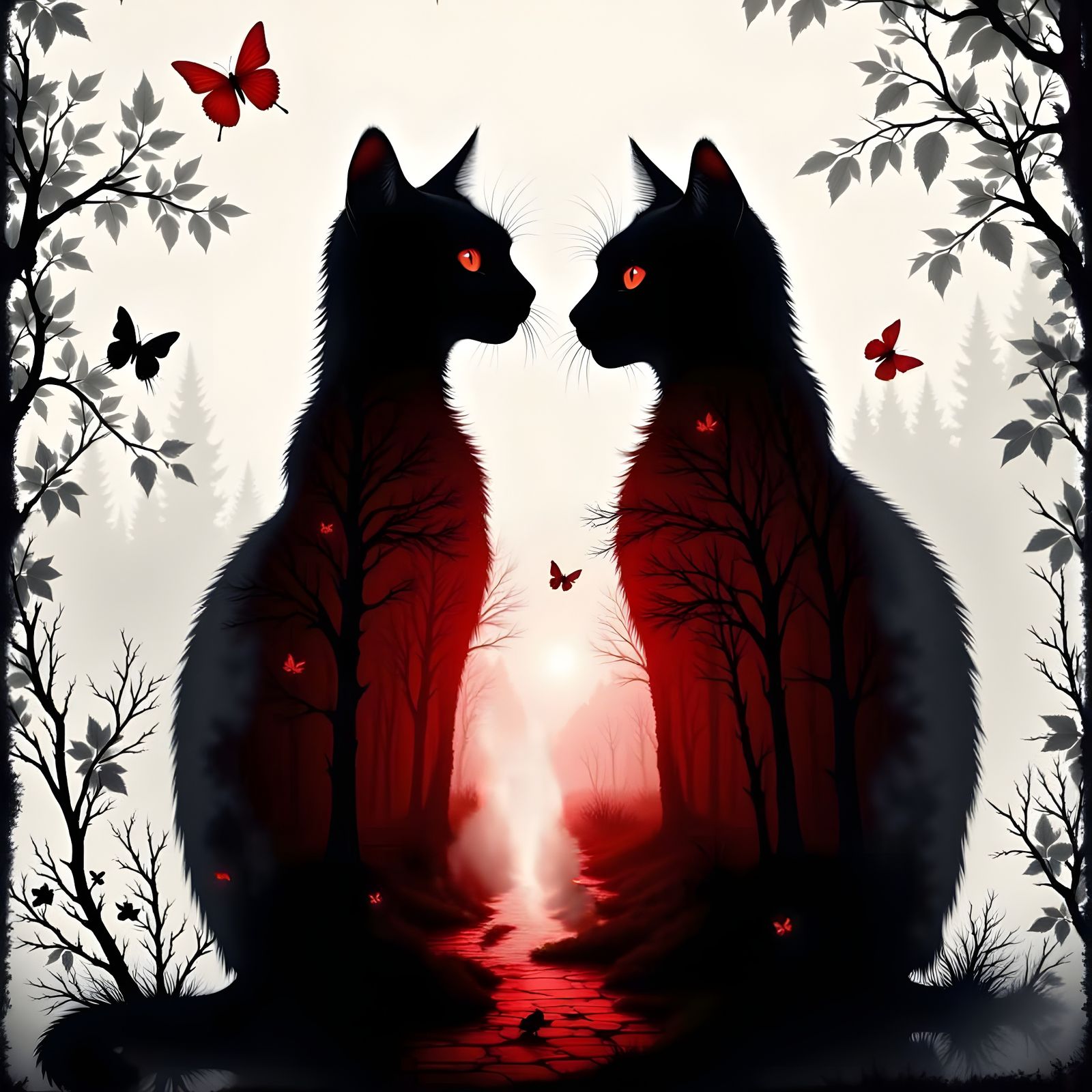 Noir Feline Silhouettes with Red Accents
