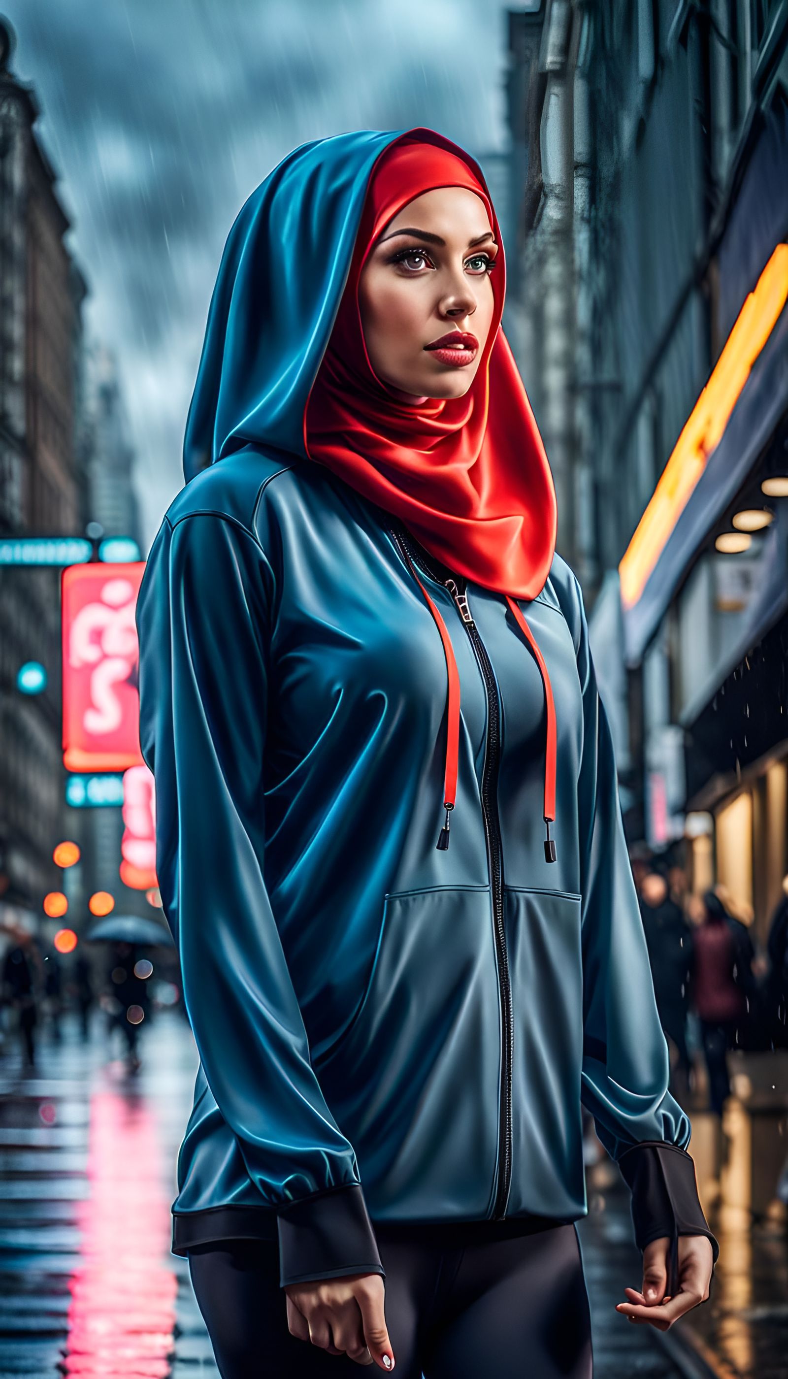 Sport Hijab Fashion in Rainy City, Matte Painting